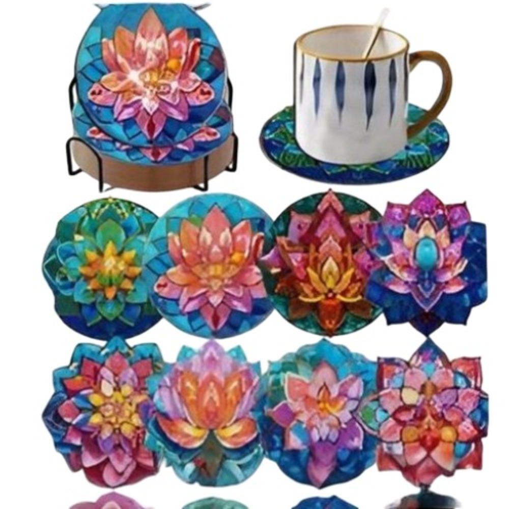 Set of 8 Diamond Painted Lotus‎ Flower Coasters